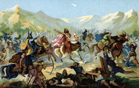 Clovis I (466-511), king of the Franks, during the battle of Tolbiac in 496 against the Germanic tribe of the Alamans, vowed to convert in case of victory. End of the 19th century (chromolithograph)