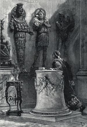 Representation of Emperor Severus Alexander (208-235) in a larar 222-235 (Roman emperor Severus Alexander in a lararium 222 - 235 AD) Engraving from “Storia di Roma” by Francesco Bertolini