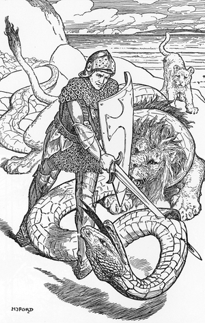 Percival fightint the serpent Illustration by HJ Ford (1860-1940) from “The book of romance” 1902 Private collection