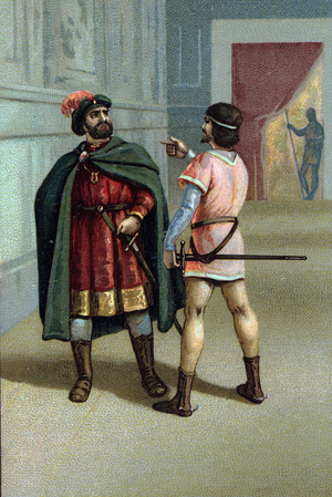 Duel between Don Gomes and Don Rodrigue Illustration of Scene 2 of Act II of “” Le Cid”” by Pierre Corneille (1606 - 1684). End of 19th century, (chromolithograph).