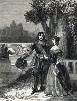 King of France Louis XIV (1638-1715) with his mistress Louise Francoise de la Valliere (1644 - 1710). By Fulgence Girard 19th century (engraving from "Les mysteres du grand monde).