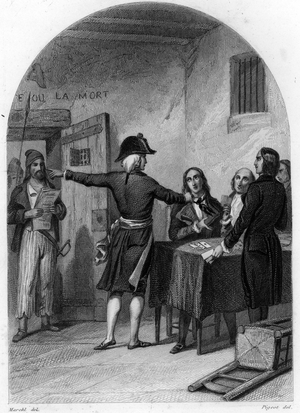 Les deputes Girondins incarceres à la prison de la Force in Paris 1793 (French revolution: the Girondins deputees at the prison of La force, Paris) Engraving from “Les Prisons de l'Europe” by Maquet 1845