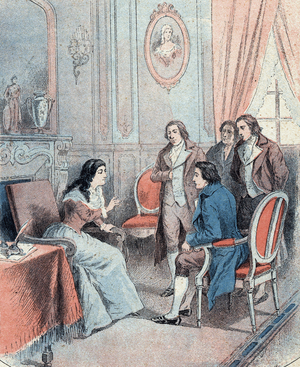 French revolution: meeting of Girondists and french political leaders as Brissot, Petion, Robespierre and Buzot in madame Roland house - Etienne Charavay (1848-1899). By Charles Clerice (1865-1912) 1900 (engraving)