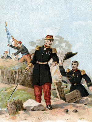 Siege of Sebastopol during the Crimee War, General Patrice de Mac-Mahon (Mac Mahon) (1808-1893) answered “J'suis y, je reste”” to General Adolphe Niel (1802-1869) on 8 September 1855 (Crimean war: i am, here i stay! says Marshal MacMahon (1808-1893) to general Niel on 8th september 1855 during the Siege of Sevastopol (1854Ð55)) Chromolithograph 19th century Private collection