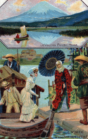 Luxury tourism: tourists visiting a traditional teahouse in Japan. Late 19th century (chromolithograph)