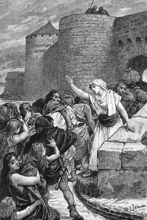 Siege of Paris 451: “Representation of saint genevieve (420-500) exorting Parisians not to let themselves go to terror in Nanterre by resisting the Huns and uttering these words: "May men flee, if they want, if they are no longer able to fight - We women will pray to God so long as He hears our supplications". 19th century (engraving)