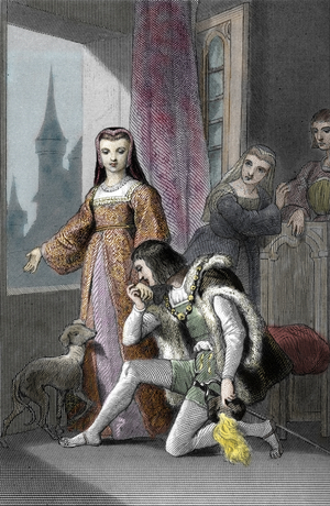 Anne de Bretagne (1477-1514) courtisee by the young Louis d'Orleans (then Louis XII) (1462-1515) in 1499. 19th century (engraving)