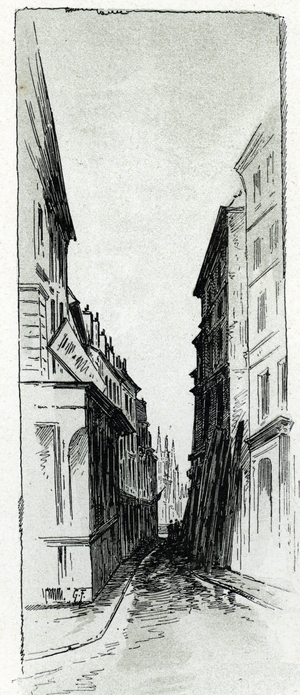 View of the Hotel Colbert street near Maubert square in Paris Drawing by Gustave Fraipont (1849-1923) from Saint-Juirs, 1890 Collection privee