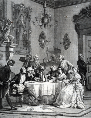 representation of the Baron of Munchhausen (or Munchausen) (1720-1797) recounting his adventures at a worldly dinner (the Baron Hieronymus Karl Friedrich von Munchhausen entertaining guests at a dinner) Engraving from “” Illustrous Universe” 1862