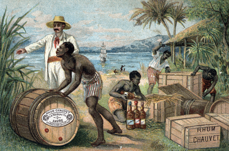 Black workers, controlled by a white settler, moving barrels of rum in Macouba, Martinique. End of the 19th century (chromolithograph)