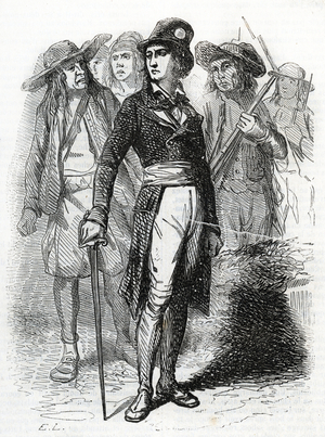 Portrait of Le Gars, Marquis de Montauran in “” Les chouans”” by Honore de Balzac (Les chouans, novel by the French writer Honore de Balzac), 1874 (engraving)