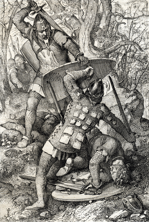 The death of Ernest II of Swabia (1010-1030) in a battle against the eveque of Constance, Germany (The death of Ernest II, Duke of Swabia in Constance, Germany, 1030) Pen drawing from “Historische Memorabilian des In-und Auslandes” (Historical Souvenirs) by Anton Ziegler, 1840 Private collection