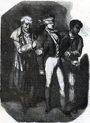 Henri de Marsay is led by Paquita, la fille aux yeux d'or (henri de Marsayis guided blindfolded in the boudoir of Paquita, The Girl With the Golden Eyes) Engraving from “” La fille aux yeux d'or”” by Honore de Balzac (1799-1850) 1835 Private collection