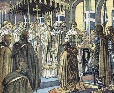 Charlemagne (742-814) crowned by Pope Leo III (c750-816), from "Le Pelerin", 1933 (print)
