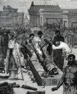 Priscillanism: The martyrdom of Priscillian in 385 condemns for heresy (The martyrdom of Priscillian 385) Engraving from “” The priests and the monks through the ages”” by Hippolite Magen, 1857 Private collection