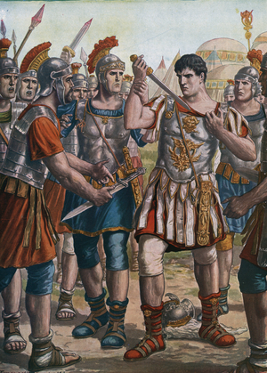 Roman antiquite: “” The Roman general Germanicus swearing fidelite at the time of the death of his adoptive father the Emperor Augustus against the legions in the midst of mutiny in Germania, 14 AD” (Roman soldier Germanicus, son of Augustus, Germanicus put down the rebellion after the death of the emperor, 14 AD) Illustration by Tancredi Scarpelli (1866-1937) from “” Storia d'Italia”” (History of Italy) by Paolo Giudici, 1930 Private Collection