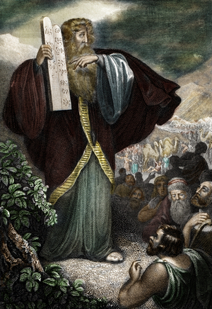 Representation of Moise with the new Tablets of the Law on Mount Sinai (Moses with the new Tablets of the Law on Mount Sinai) Engraving from “Bilder-Gallerie zur allgem” by Rotteck 1843 Private collection