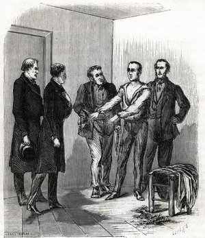 The arrest of Edme Castaing  (1796-1823) the first person to use morphine to commit murder, 1823. 19th century (engraving from “Memoires de Sanson”)