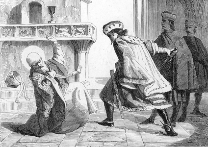 The assassination of St. Stanislaus of Szczepanow (Szczepanowski) (1030-1079) by King Boleslas II of Poland called the Genereux (1039-1081) (King Boleslaw II the Generous killing bishop of Krakow saint stanislaus of Szczepanow (or Stanislaw Szczepanowski). 19th century (engraving)