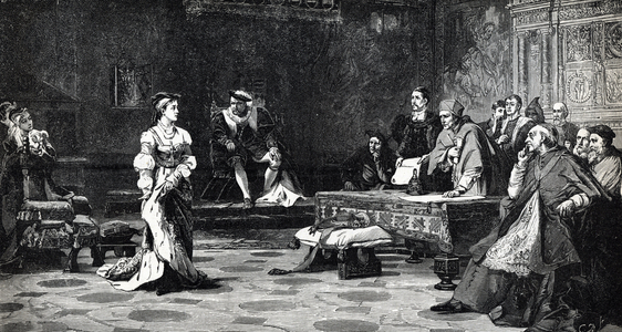 The Trial of Queen Catherine of Aragon in 1529, the first wife of Henry VIII, whose marriage to the King was annulled - Proces by Catherine of Aragon (1486-1536) wife of Henry VIII, 1529 Engraving from “History of the world” by Ridpath 1885 Private collection