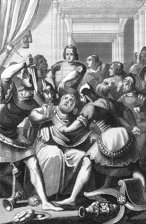 The Death of Odoacre (Odovacer) (433-493) Patrice d'Italie Killed by King of Ostrogoths Theodoric 16/03/493 in Ravenna, Italy (The death of Odoacer king of Italy killed by Theoderic on 16 March 493 in Ravenna, Italy) Engraving from “Bilder-Gallerie zur privgem” by Rotteck 1843 Collection ee