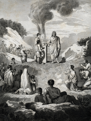 Zoroastrianism - Mazdeism: fire worship at the time of the Achaemenid era of persian empire, 539-331 BC (Zoroastrianism - Mazdayasna: fire celebration at the time of the Achaemenid era of persian empire) Engraving from “” Picturesque History of Religions”” by Clavel 1844 Private collection