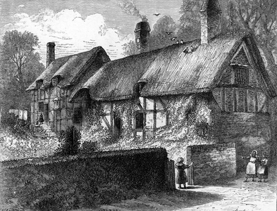 View of Anne Hathaway's Birthplace (1555-1623) at Shottery near Stratford upon avon, England (View of Anne Hathaway's cottage, childhood home of William Shakespeare's wife in Shottery near Stratford-upon-Avon England) Engraving from “Annals of the Life and Works of William Shakespeare” 1886 Private Collection