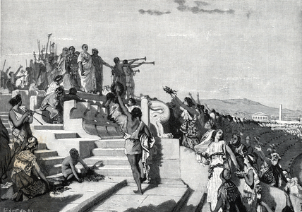 Roman antiquite: “” The Roman politician and general Titus Flaminius (228-174 BC) at the Isthmic Games in Corinth proclaims the freedom of Greek cites in 196 BC” (novel politician Titus Quinctius Flaminininus appeared at the Isthmian Games in Corinth and proclaimed the freedom of the Greek states in 196 BC) Engraving from “Storia di Roma”” by Francesco Bertolini