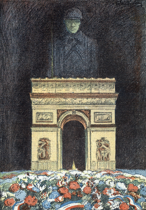 Representation of the unknown soldier looking at the Arc de Triomphe and the flowers on his tomb after the 14th july celebration, Paris (print)