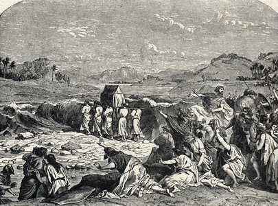 Joshua Leading the Israelites Across the Jordan with the Ark of the Covenant). 19th century (engraving from "the holy history" by Lahure)