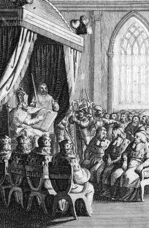 Promulgation of the Golden Bubble by Emperor Charles IV (1316-1378) in 1356 a Metz (Golden Bull of 1356 decree issued by the Imperial Diet at Nuremberg and Metz (Diet of Metz (1356/57)) headed by the Emperor Charles IV which fixed, for a period of more than four hundred years, important aspects of the constitutional structure of the Holy Roman Empire) Engraving by Johann Michael Mettenleiter (1765-1853) 1800 Private Collection