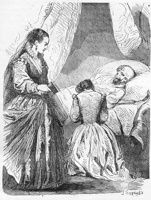 The death of Charles d'Albert, Duke of Luynes (1578-1621) of purple feevre (scarlet fever) in 1621 (Death of Charles d'Albert, Duke of Luynes 1621) Engraving from Auguste Maquet's “Histoire de la Bastille”, 1844