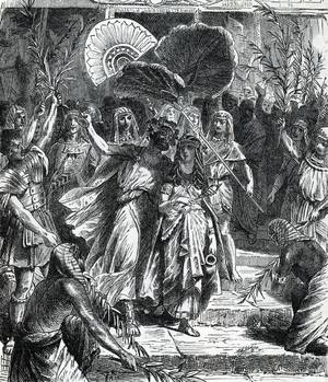 Representation of Antoine and Cleopatra identifying with the Egyptian deities Osiris and Isis (Antonius and cleopatra as Osiris and Isis) (personalite cult) Engraving from “History of the world” by Ridpath 1885 Private collection