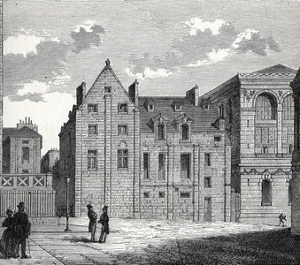 View of the remains of the College of Montaigu at the corner of rue des sept voies (rue vallette) and Place du Pantheon, 1850 It was one of the constituent colleges of the Faculty of Arts of the University of Paris (View of the college de Montaigu, former college des aicelins, one of the constituent colleges of the Faculty of Arts of the University of Paris) Engraving from “” School and Science”” 1887
