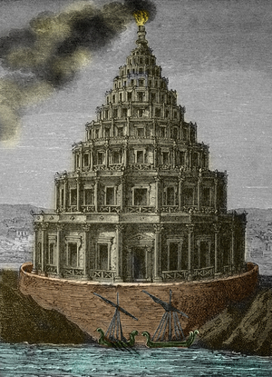 Representation of one of the Seven Wonders of Antiquity: The Lighthouse of Alexandria (on the island of Pharos) in Alexandria, Egypt. 19th century (engraving).