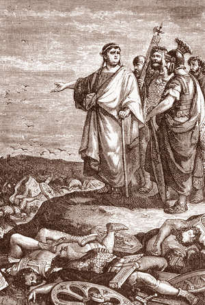Roman Antiquite: “” Emperor Aulus Vitellius (15-69 AD) at the Battle of Bedriacum (or Battle of Bedriac or Battle of Cremona in 69, Italy” (Ancient rome: the emperor Vitellius during the Battle of Bedriacum, Italy 69) Engraving from “The Roman Imperatrices” 1888 Private collection