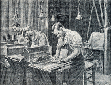 Ivory work: manufacture of piano keys Engraving from Pierre Calmette Private Collection