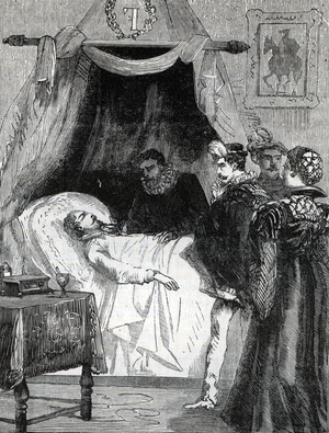 La mort du roi de France Francois II (1544-1560) (Death of king of France Francis II) Engraving from Les mysteres du grand monde” by Fulgence Girard, 19th century Private Collection