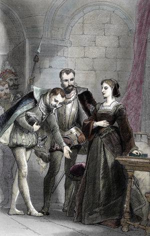 Queen Elizabeth I of England (1533-1603) visiting her favourite Robert Dudley (1532-1588), 1st Earl of Leicester, English political and military, circa 1570. 19th century (engraving)