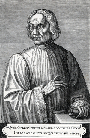 Portrait of Jean de Gerson (1363-1429) academic, theologian, predicator, French politician (Portrait of Jean Charlier de Gerson French scholar, educator, reformer, and poet, Chancellor of the University of Paris a guiding light of the conciliar movement and one of the most prominent theologians at the Council of Constance) Engraving printed from “” L'Ecole and science”” 1887