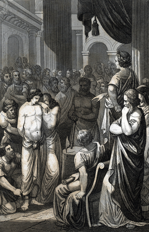 Titus and Tiberius, son of Brutus (Lucius Junius Brutus) founder of the Roman republic are arrested for plotting against their father with Tarquin the superb, 509 BC (Tarquinian conspiracy; Titus Junius Brutus and Tiberius Junius Brutus, sons of Brutus arrested and bring to their father, 509 BC) Engraving 19th century Private collection