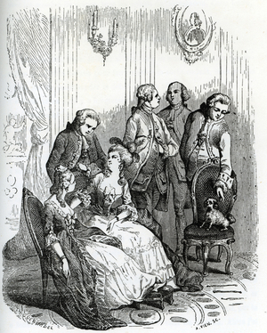 An evening at the Chateau de Vaux-le-Vicomte at the times of king Louis XV (1710-1774). 19th century (engraving from “Mysteres des vieux chateaux de France” by Le Francois)