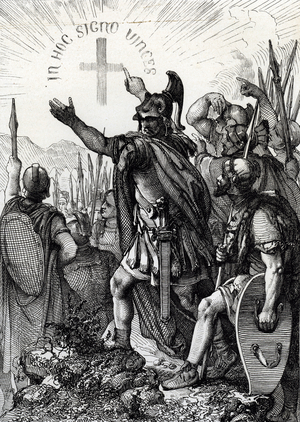 Emperor Constantine I saw a cross in heaven announcing his victory at the Battle of the Milvius Bridge, 312 A.D, 1840 (engraving)