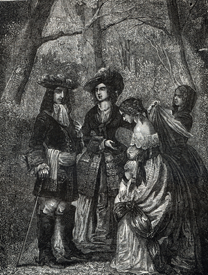 Francoise de Rochechouart by Mortemart Madame de Montespan presents Marie Angelique de Scorailles Duchess of Fontanges (1661-1681) to the King of France Louis XIV (1638-1715) 1678. 19th century (engraving from “Les mysteres" by Fulgence Girard).
