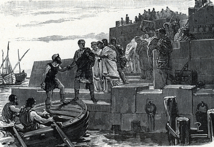 Roman Antiquite, Civil War between Pompee and Cesar “” the departure of Pompee (106-48 BC) from Brindes (Brindisi) on 17 March 49 BC for Greece”” (Caesar's Civil War, Pompey leaves Brundisium, Italy 49 BC) Engraving from “” Storia di Roma” by Francesco Bertolini