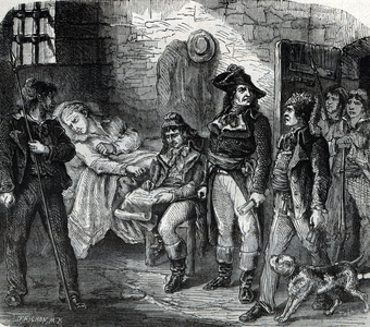 The Death of Condorcet in prison on 28th March, 1794 - French Revolution and movements contre revolutionaire: Suicide by Nicolas de Condorcet (1743-1794) giving himself death in his prison on 28 March 1794 at Bourg-Egalite (Bourg Egalite, now Bourg-la-Reine or Bourg La Reine in Ile de France) Engraving from Fulgence's “Les mysteres du grand monde” Girard, 19th century Private Collection