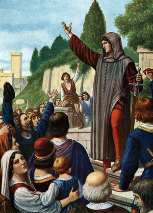 Representation of Cola di Rienzo (1314-1354) proclaiming from the Capitol the Roman Republic on 20/05/1347 - He takes the charge of tribun of the people (Cola di Rienzo proclaims himself tribune of Rome at the capitol of Rome (Campidoglio) during the coup d'état of the 20th May 1347) Illustration by Tancredi Scarpelli (1866-1937) from “” Storia d'Italia”” ( History-of Italy) by Paolo Giudici, 1930 Private Collection