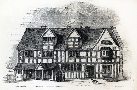 View of John's Houses, Father of William Shakespeare (1564-1616) on Henley Street, Stratford upon avon, England (View of John Shakespeare's house in Stratford-upon-Avon England) Engraving from “annals of the life and works of William Shakespeare” 1886 Private collection