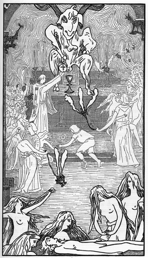 Representation of a black mass according to Ezechiel and Eugene Ventras (Black mass) Drawing by Henry de Malvost from “Satanism and Magic” by Jules Bois 1895 Private collection