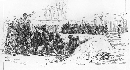 Youth of Napoleon Bonaparte (1769-1821), the young man leading a snowball battle, 1783 (Young Napoleon leads his classmates in a snowball fight, 1783) Engraving from “” Histoire de l'empereur Napoleon”” by Laurent de l'ardeche 1840 Private collection Â